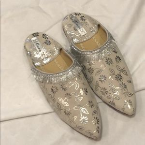 Real leather metallic silver slides